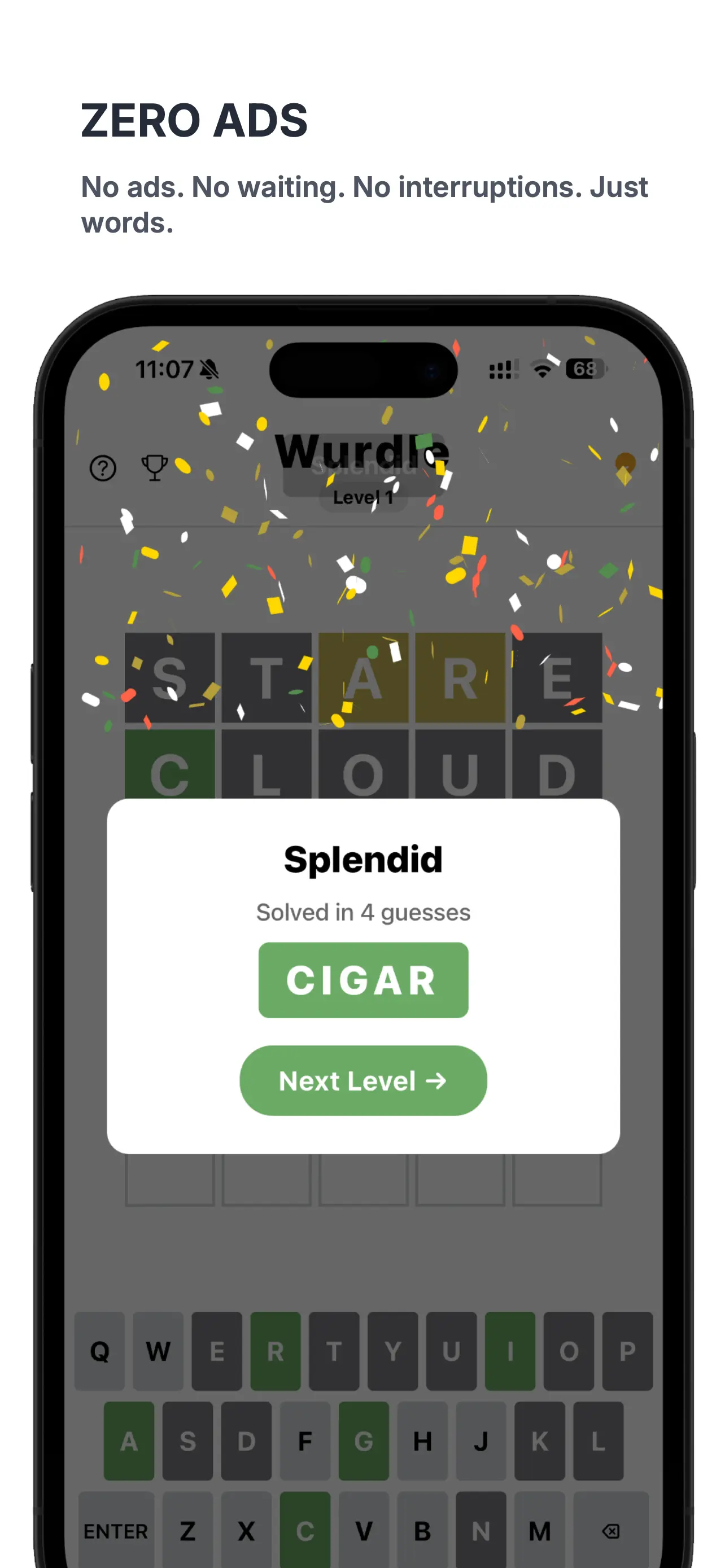 Win celebration with confetti animation and solve summary